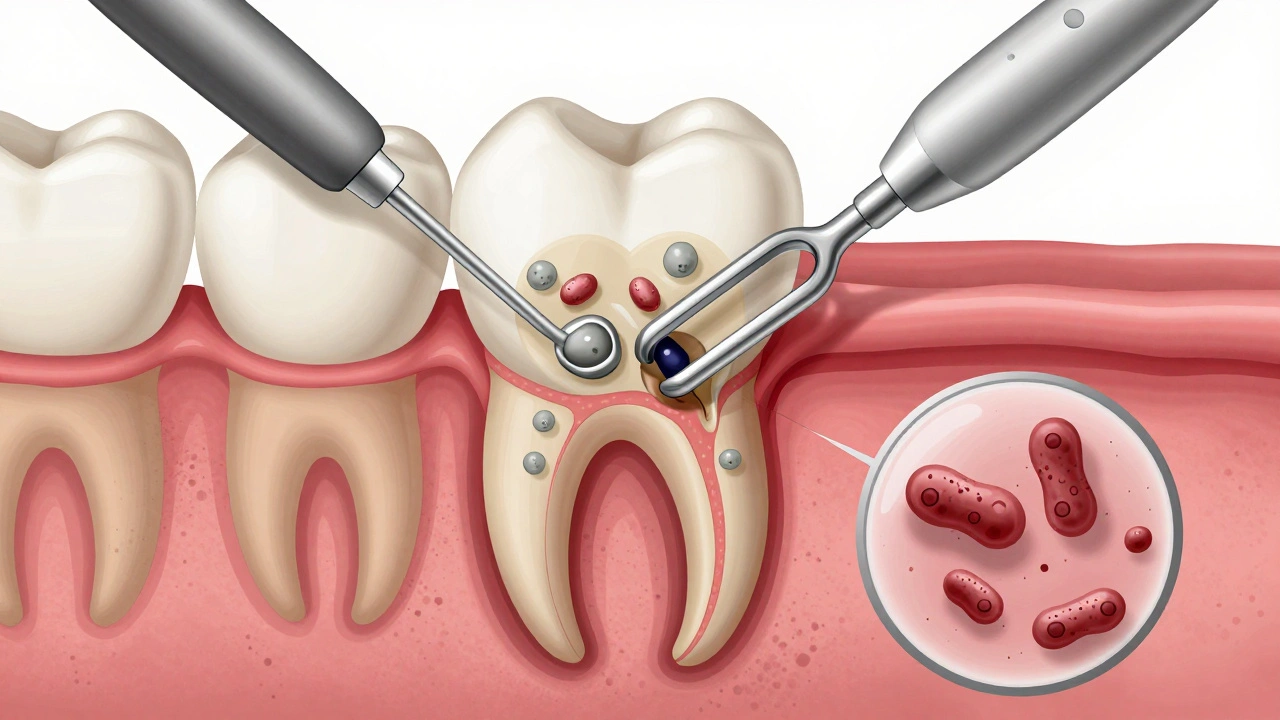 Průřez zubu s kalcifikovaným plakem a bakteriemi poškozujícími kost.