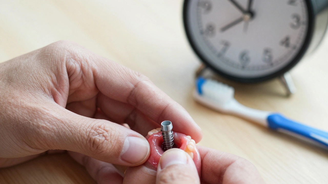 Ruka dotýkající se pohyblivého implantátu s viditelným zánětem a výtokem, pozadí s nečištěnými kartáčky.