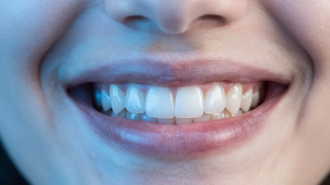 Split smile showing transformation from natural teeth to veneer-enhanced teeth.
