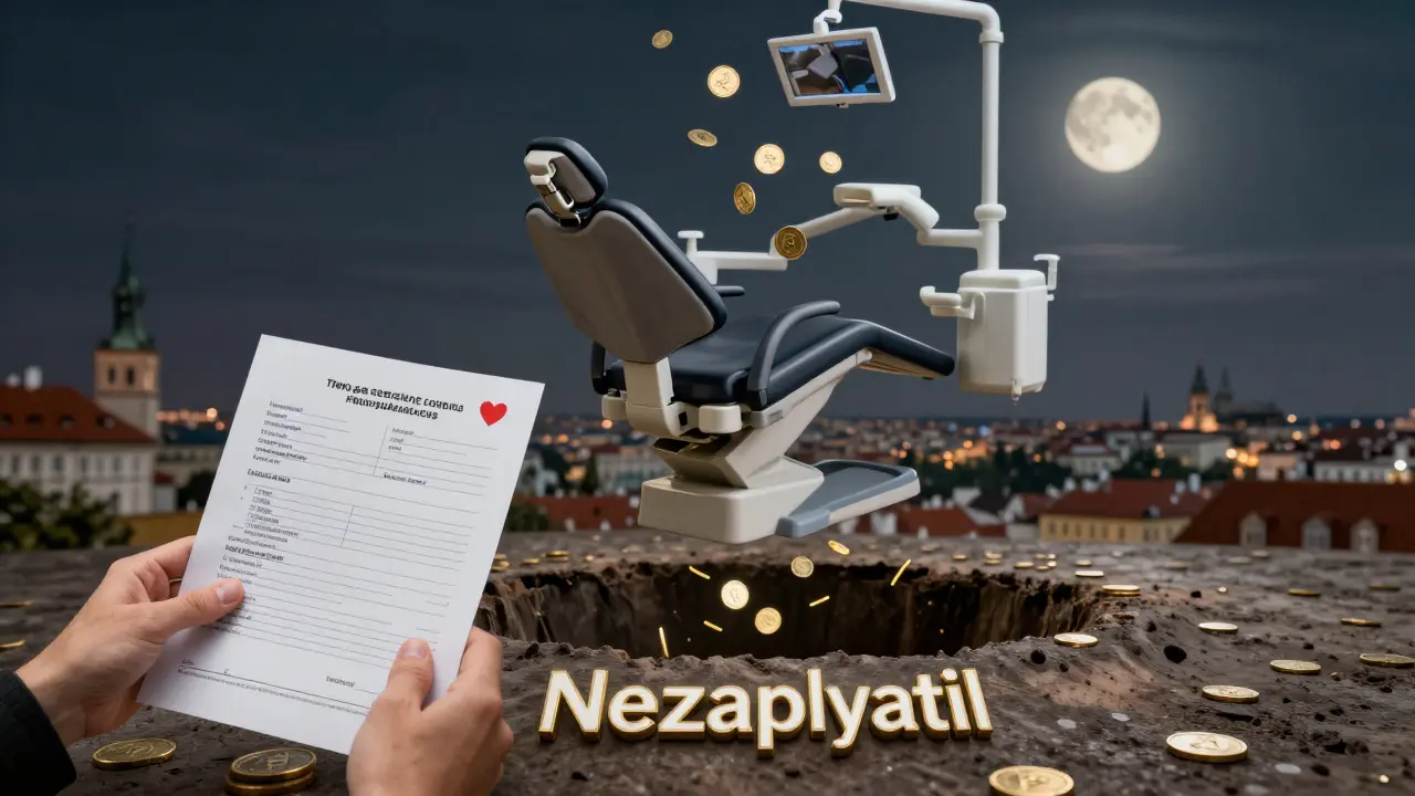 Symbolická scéna rizika nezaplacení zubní pohotovosti v Praze.