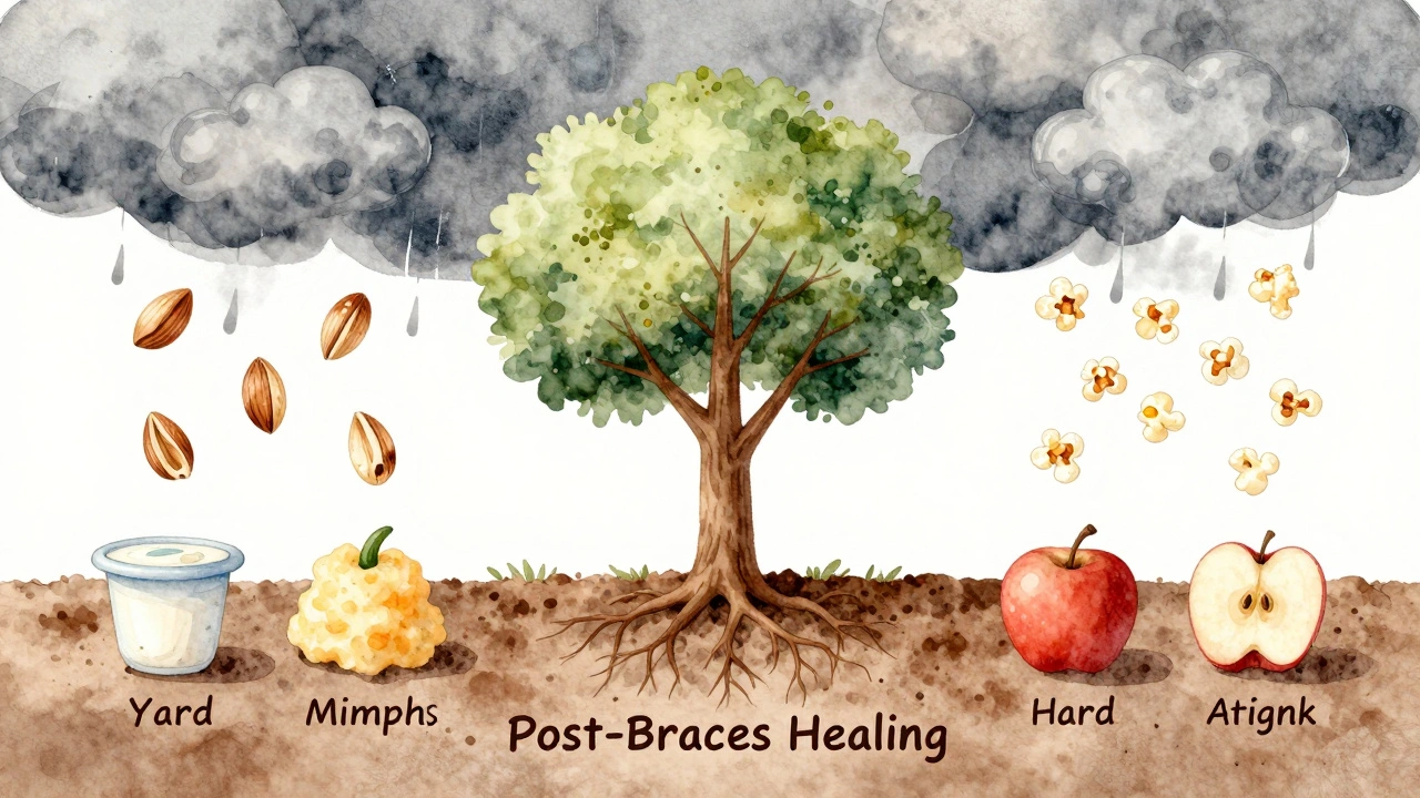 Symbolický strom s kořeny jako zuby, obklopený měkkými potravinami, zatímco tvrdé potraviny jsou jako bouřkové mraky.