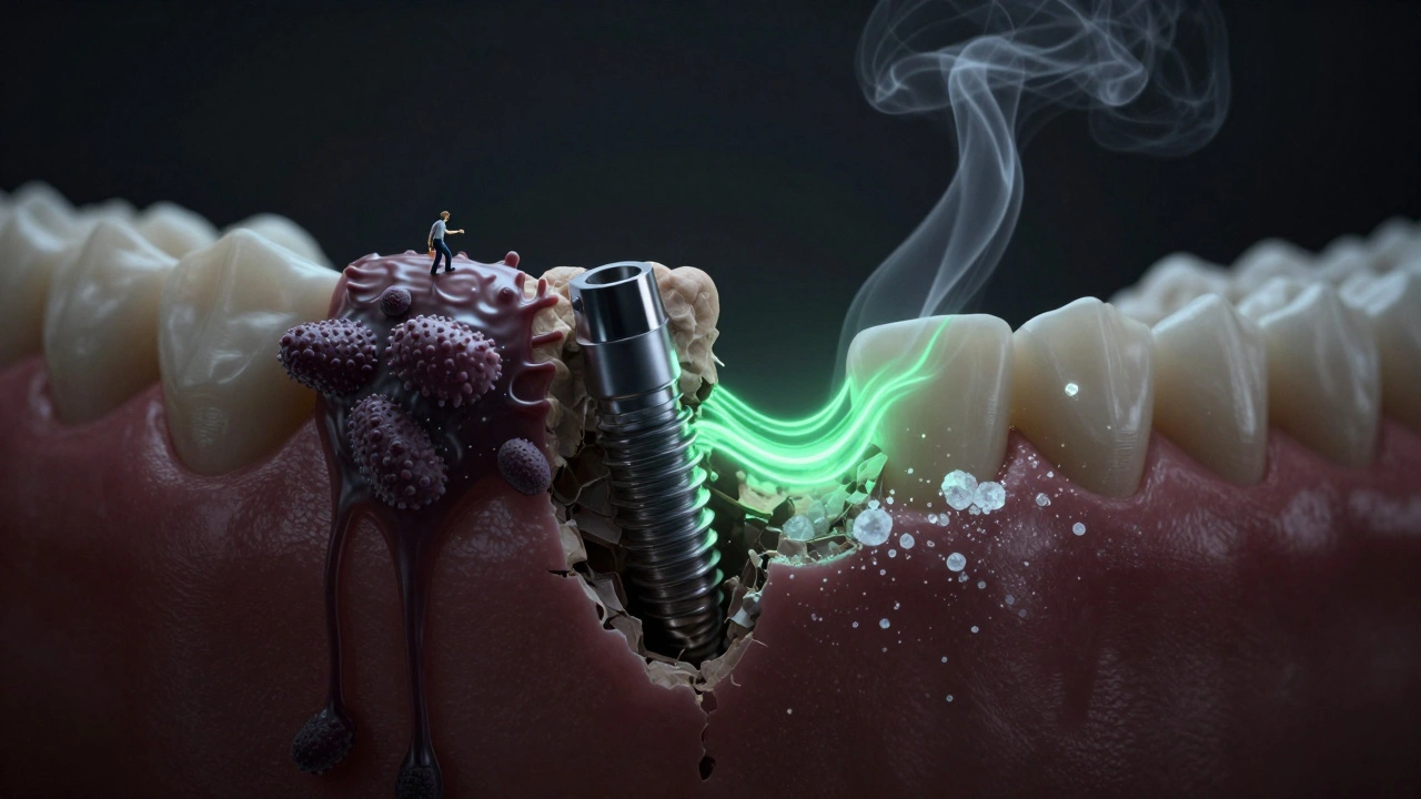 Umělecké znázornění implantátu obklopeného bakteriálním biofilmem a ničenou kostí, přerušenou kouřem a cukrem.