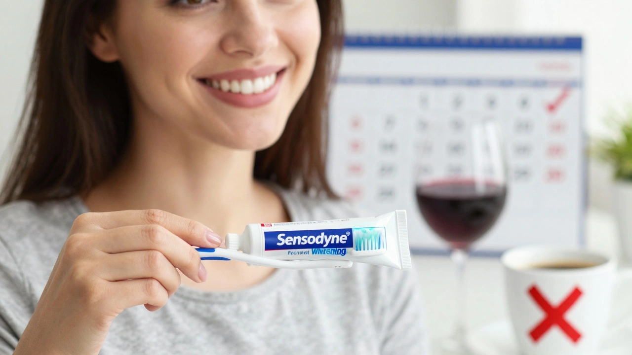 Žena se usmívá s jasnějšími zuby, vedle ní červené víno a káva se znakem X jako symbol odmítnutí.