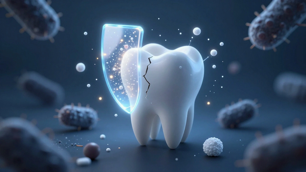 Zub chráněný světelným štítem fluoridu a hydroxyapatitu proti škodlivým látkám.