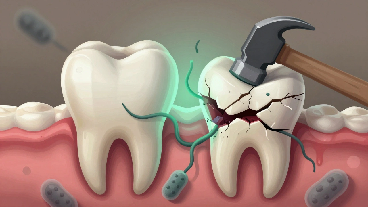 Zub rozštěpený tlakem, s bakteriemi pronikajícími do trhliny.