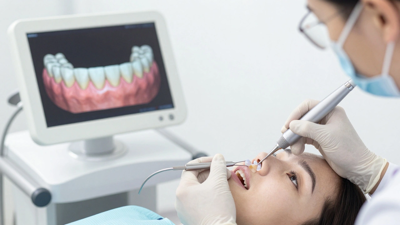 Zubař připevňuje keramickou fazetu na zub pomocí přesných nástrojů.