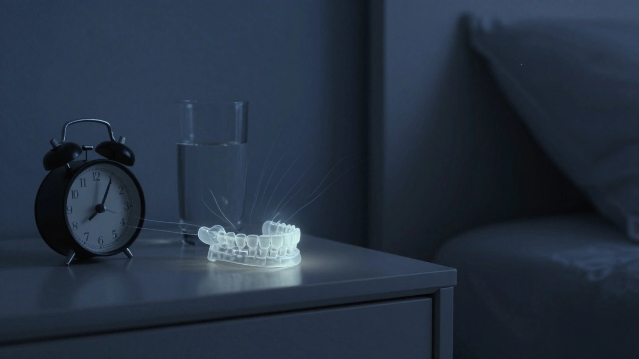 Zubní držák na nočním stolku v tmavé místnosti s vodou a hodinami, symbolizující dlouhodobou péči.