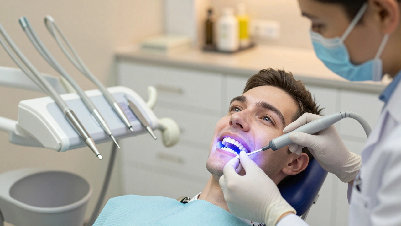 Zubní lékař aplikuje profesionální bělící gel na zuby pacienta v klinice pod modrým světlem.