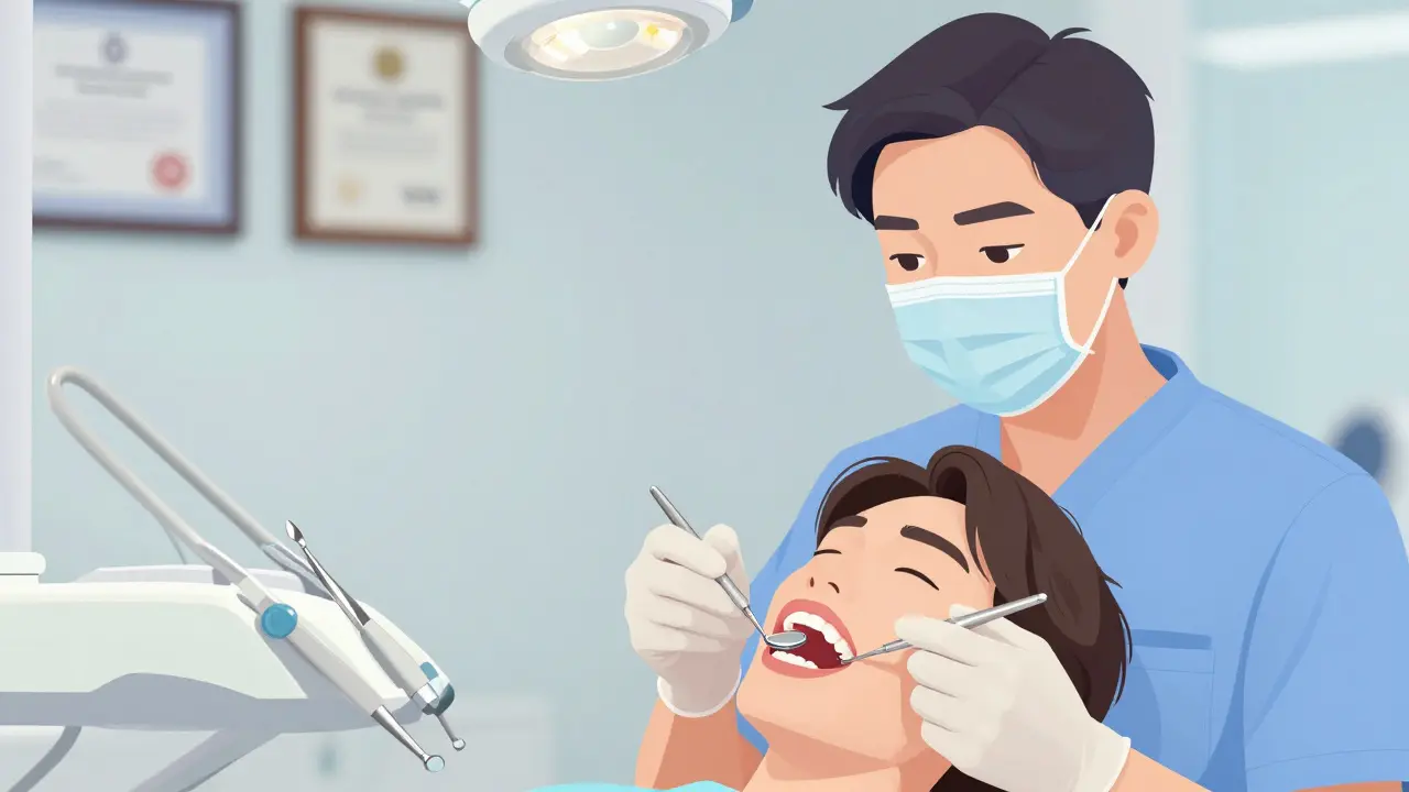 Zubní lékař pečlivě prohlíží pacientovi ústa s potvrzujícím výrazem.