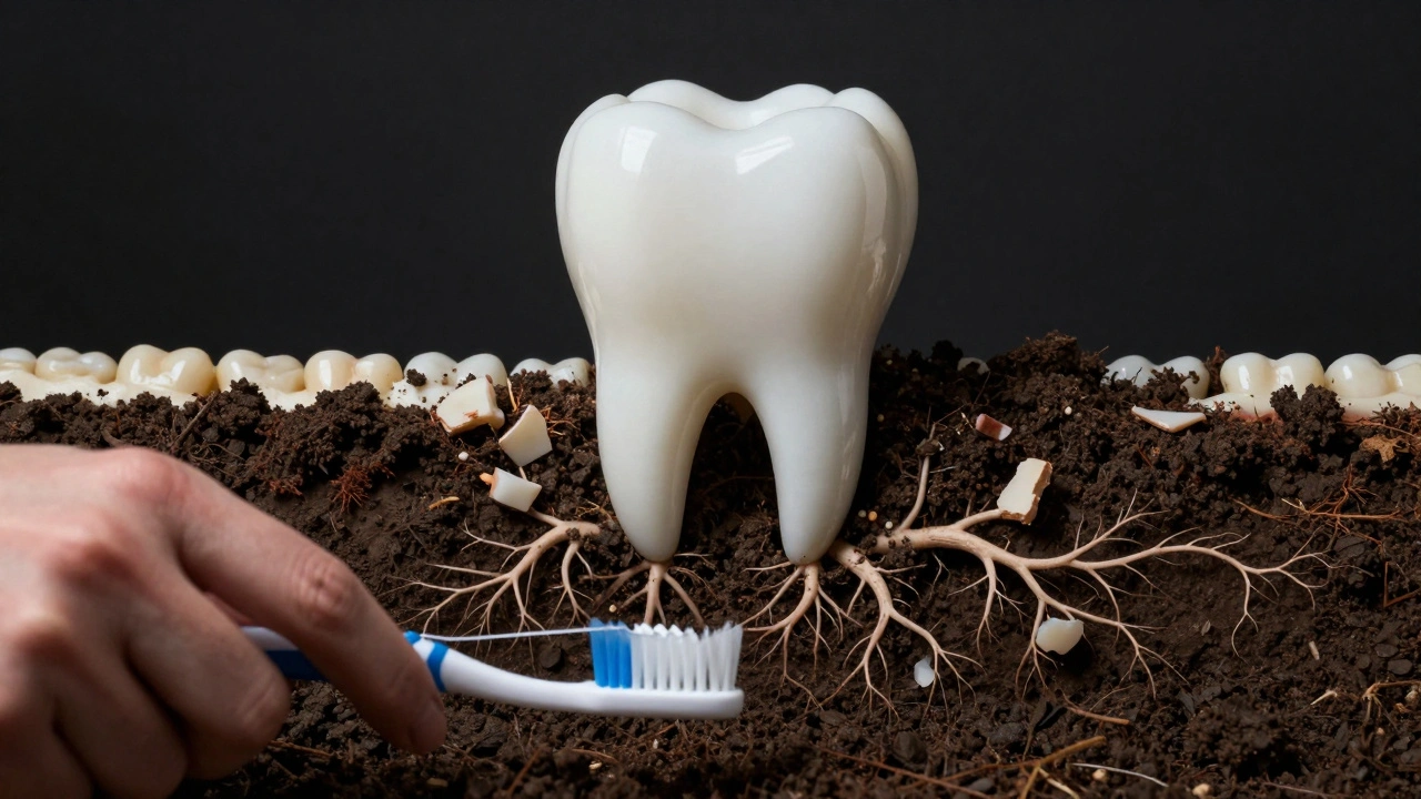 Zuby s kamenem jako invazivními kořeny v kosti, proti předcházení kartáčkem a nití.