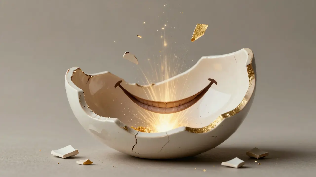A smile emerging from a cracking ceramic shell, symbolizing transformation.