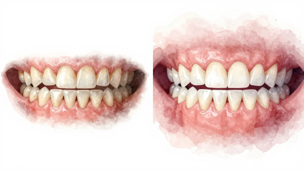 Before and after comparison of teeth with and without ceramic veneers.