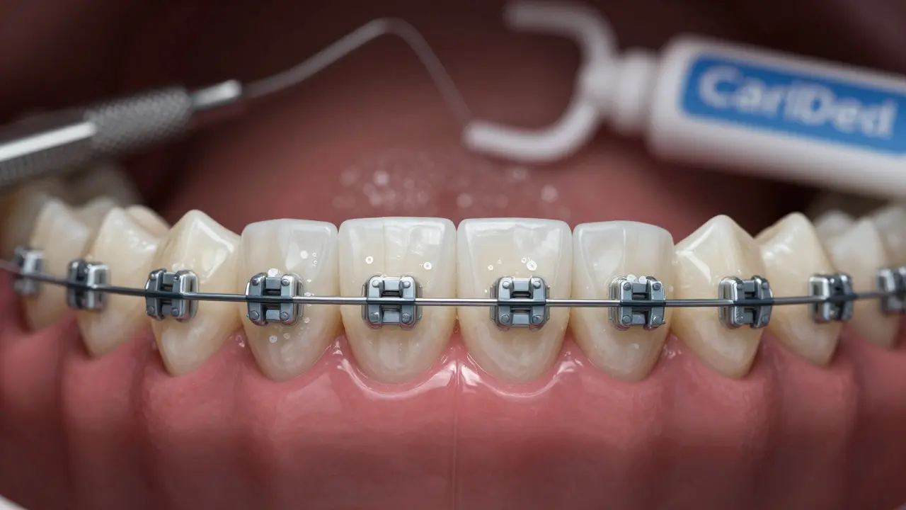 Blízký pohled na zuby s rovnátky, kde jsou vidět bílé skvrny a plak mezi dráty.