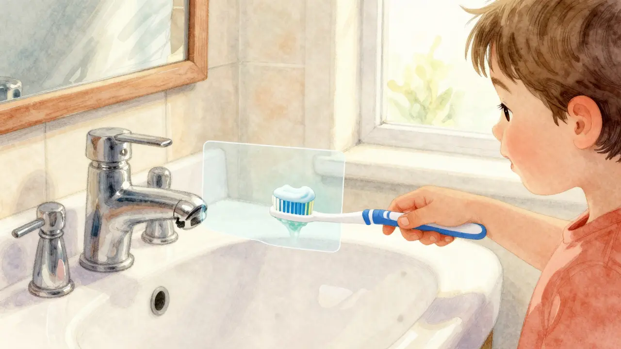 Dítě čistí zuby s měkkým kartáčkem a fluoridovou pastou v koupelně.