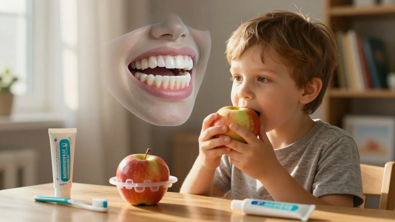 Dítě jí jablko, nad jeho hlavou se objevuje 3D sken jeho ústní dutiny s nepravidelnými zuby.