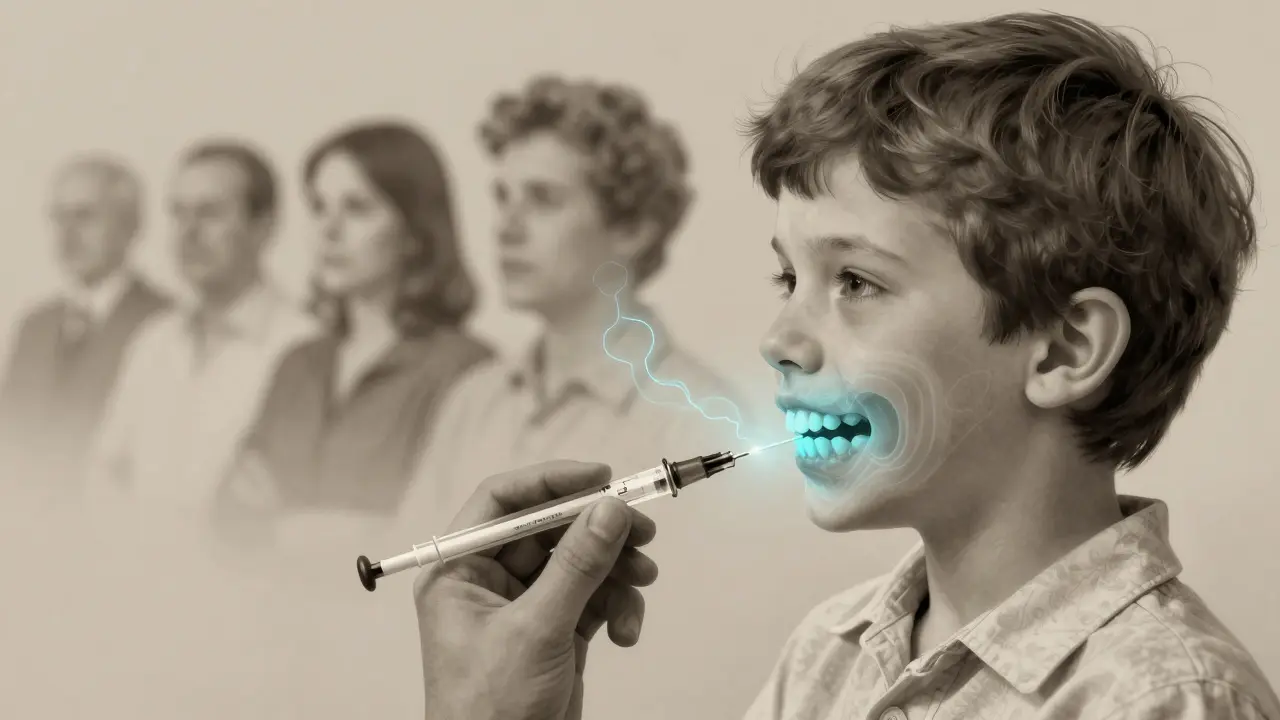 Dítě v 70. letech dostává antibiotikum, zatímco jeho vznikající zuby ukazují skrytou barvu.