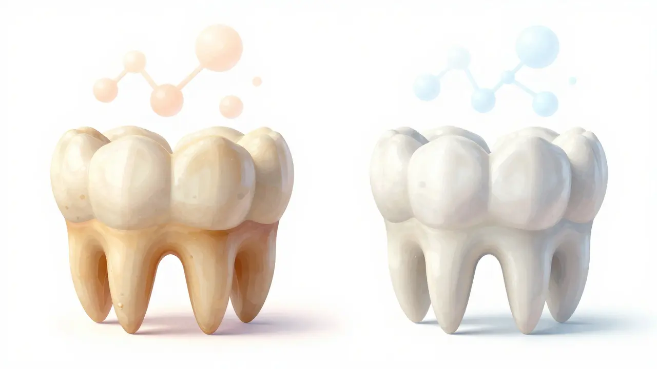 Dva soubory zubů: žluté vs. mírně zbledlé po bělení.