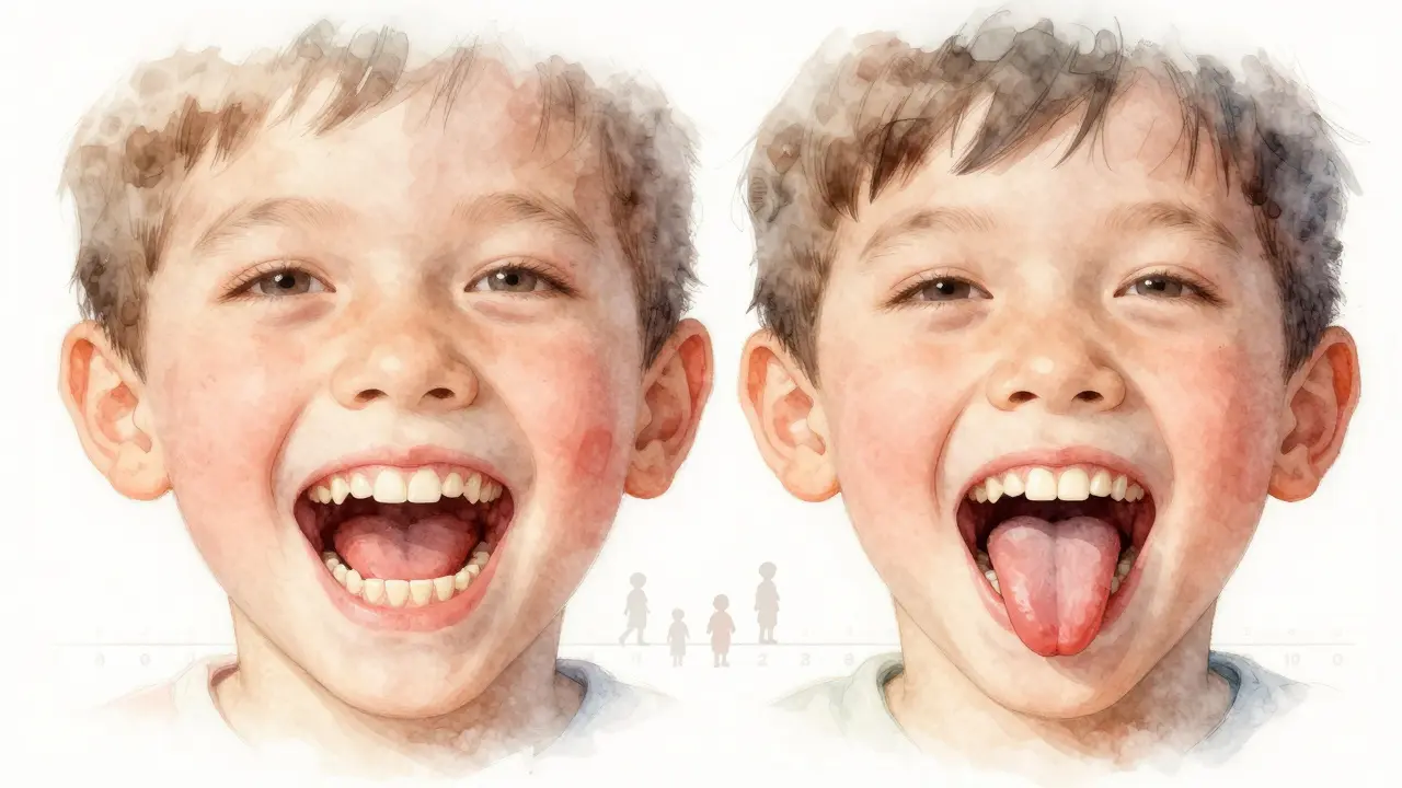 Ilustrace rozvoje čelisti: zdravé vs. nepravidelné postavení zubů u dítěte.