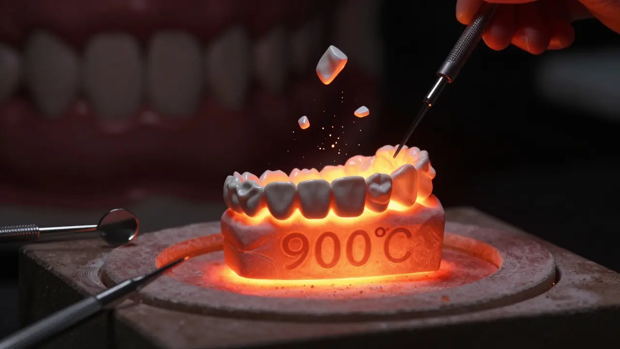 Keramická onlay v peci při vysoké teplotě, přeměňující se na dokonalou restoraci.