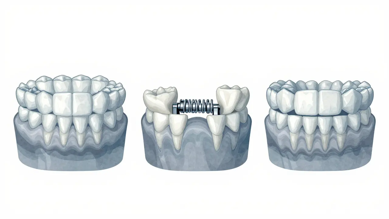Kroky ortodontického vytváření mezery mezi zuby: přetlak, vytvoření mezery, posun zubů.