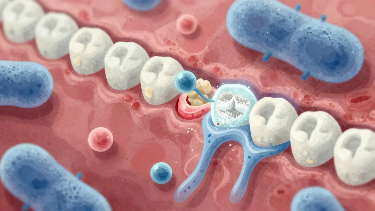 Mikroskopický pohled na bakterie a proces remineralizace zubní sklovinky.