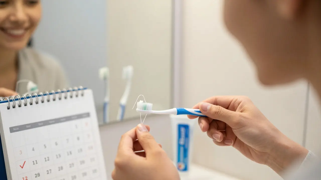 Osoba čistí mezery zubů mezizubním kartáčkem ve věčerním osvětlení.