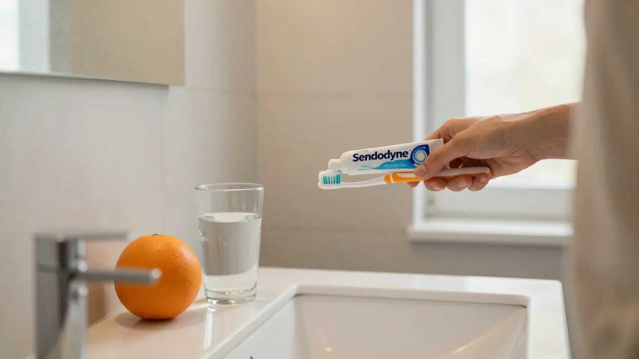 Osoba jemně čistí zuby měkkým kartáčkem s pastou pro citlivé zuby