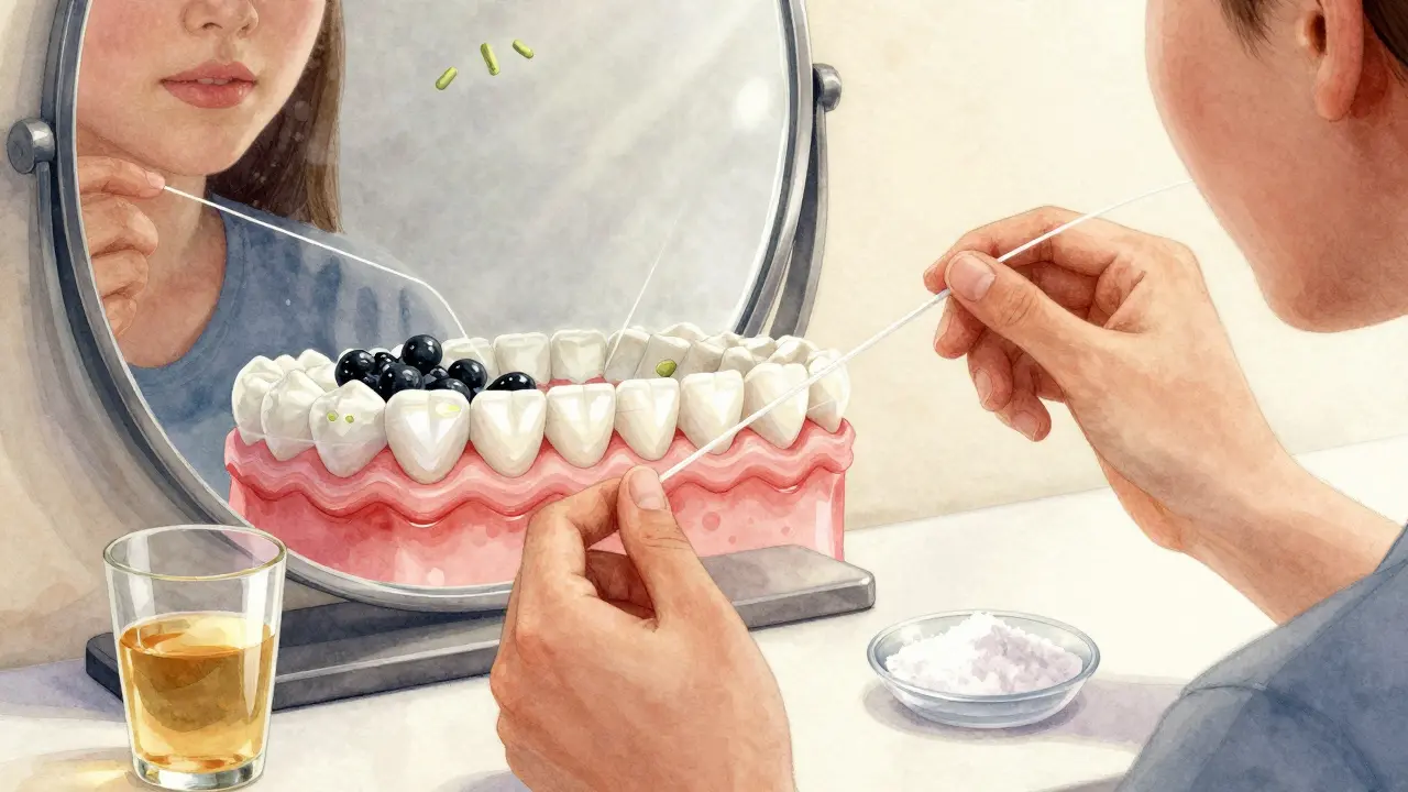 Osoba používá zubní nit před zrcadlem, s ocetem a sodou na stole