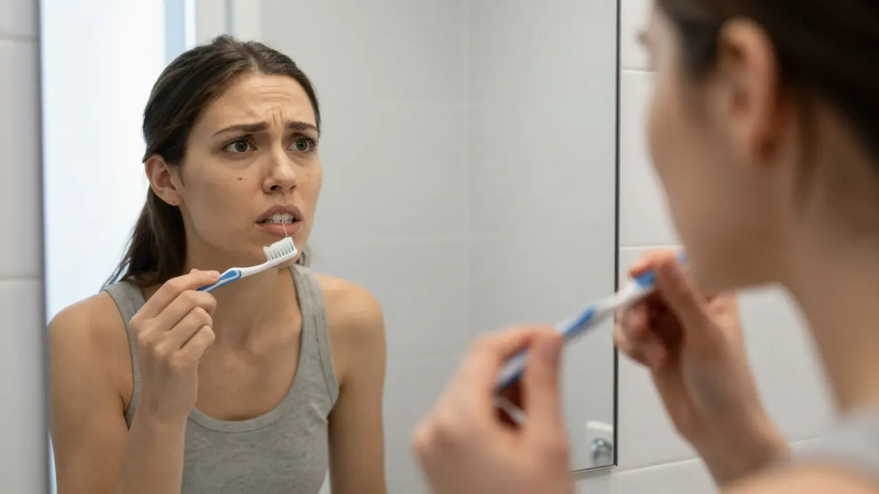 Osoba se dívá do zrcadla a pozoruje hnědé skvrny na zubech