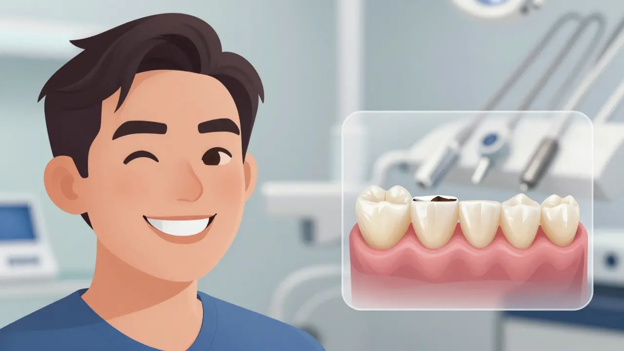 Pacient se usmívá s přirozeně vypadající keramickou onlay na zubu.