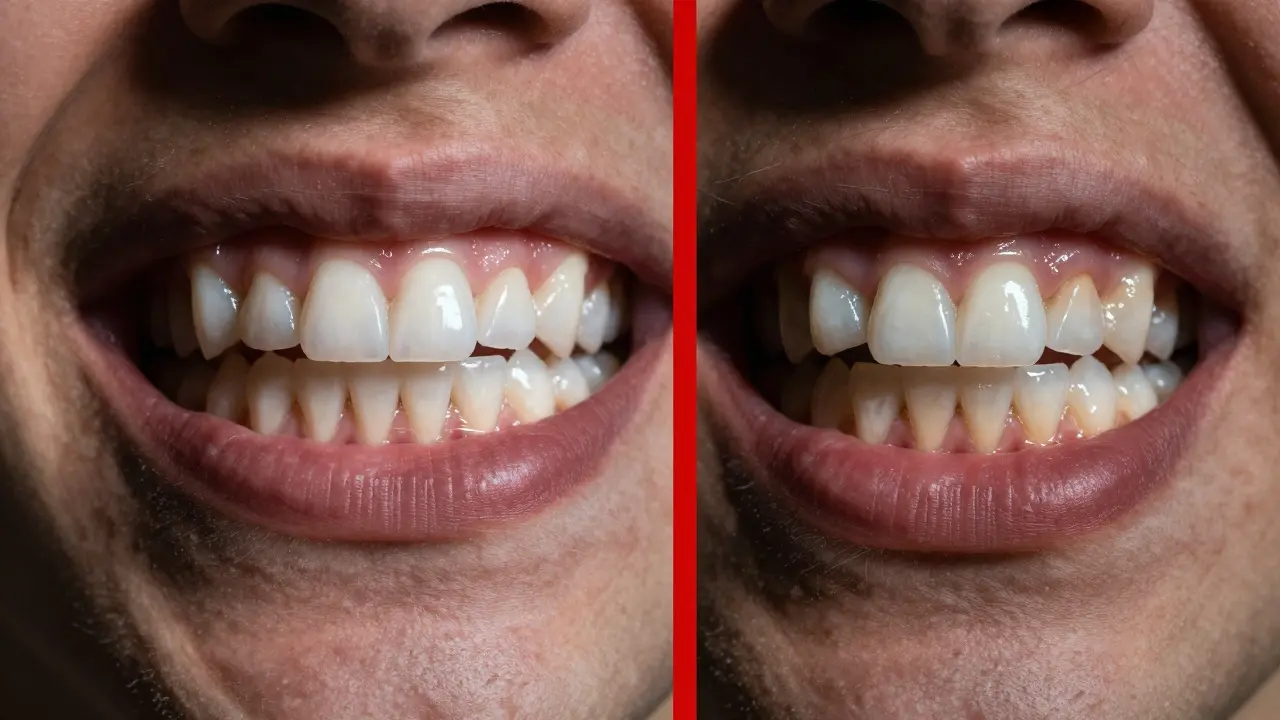 Porovnání bezpečného a nebezpečného bělení zubů.