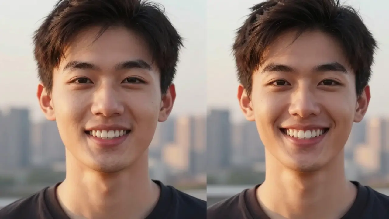 Porovnání před a po ortodontické léčbě: stejná osoba s křivými a rovnými zuby, znázorňující transformaci.