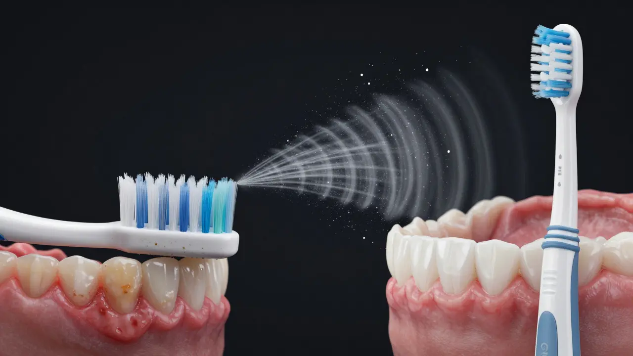 Porovnání ručního a sonického kartáčku: plak a zánět proti čistým zubům a zdravým dásním.