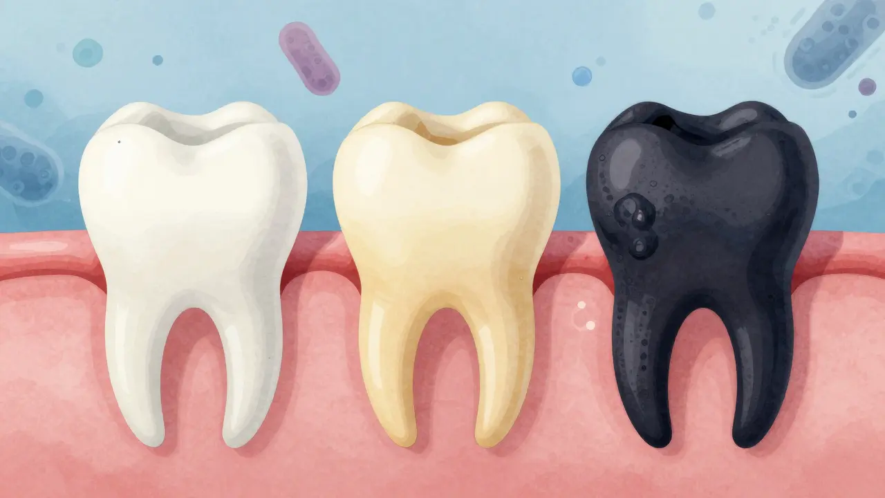 Postupné zbarvení zubu od bílé po černou při rozvoji kazu.