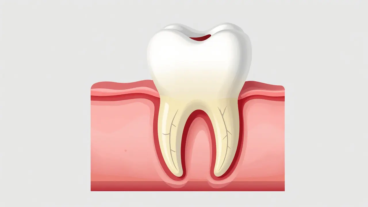Příčný řez zubem s viditelnými vrstvami skloviny, dentinu a pulpy