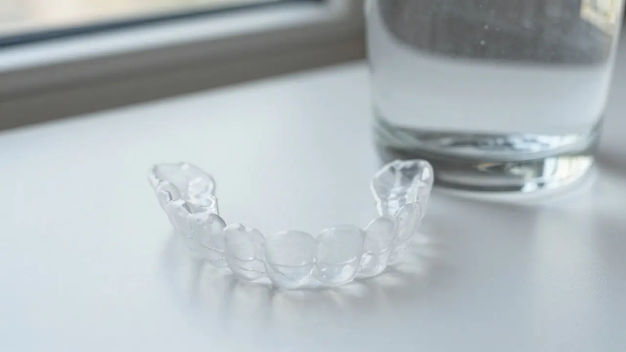 Průhledné ortodontické placky leží na keramické desce vedle sklenice vody, připravené k opětovnému nasazení.