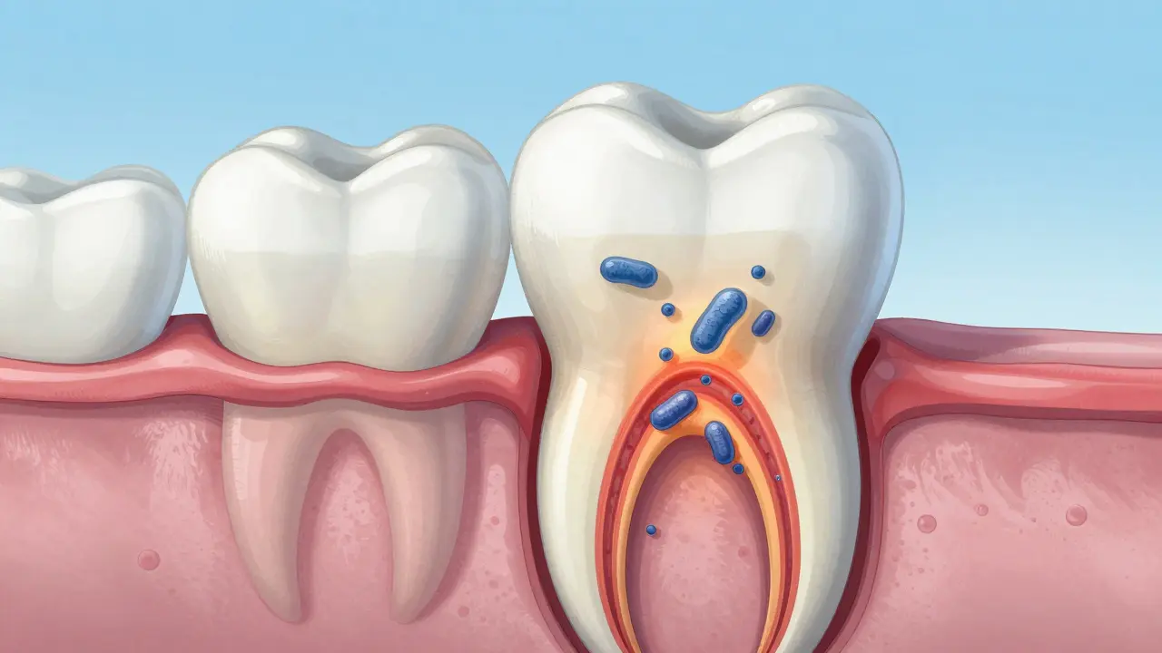 Průřez zubu ukazující kaz pronikající do dentinu a zánět u nervu.
