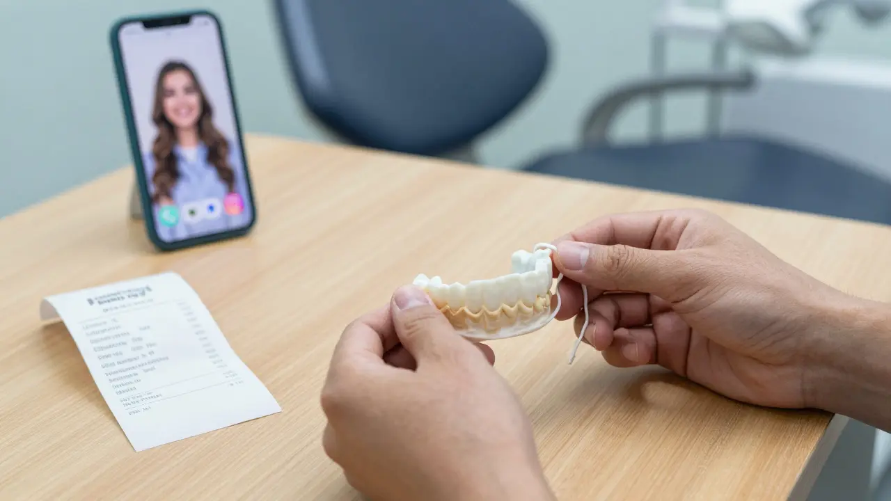 Ruce drží plastovou zubní masku vedle obalu pořízeného online, v pozadí zubní křeslo.