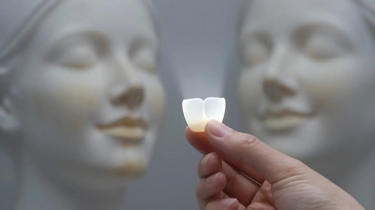 Ruce drží tenkou keramickou vložku nad stínem zbarvených zubů, symbolizující přeměnu.