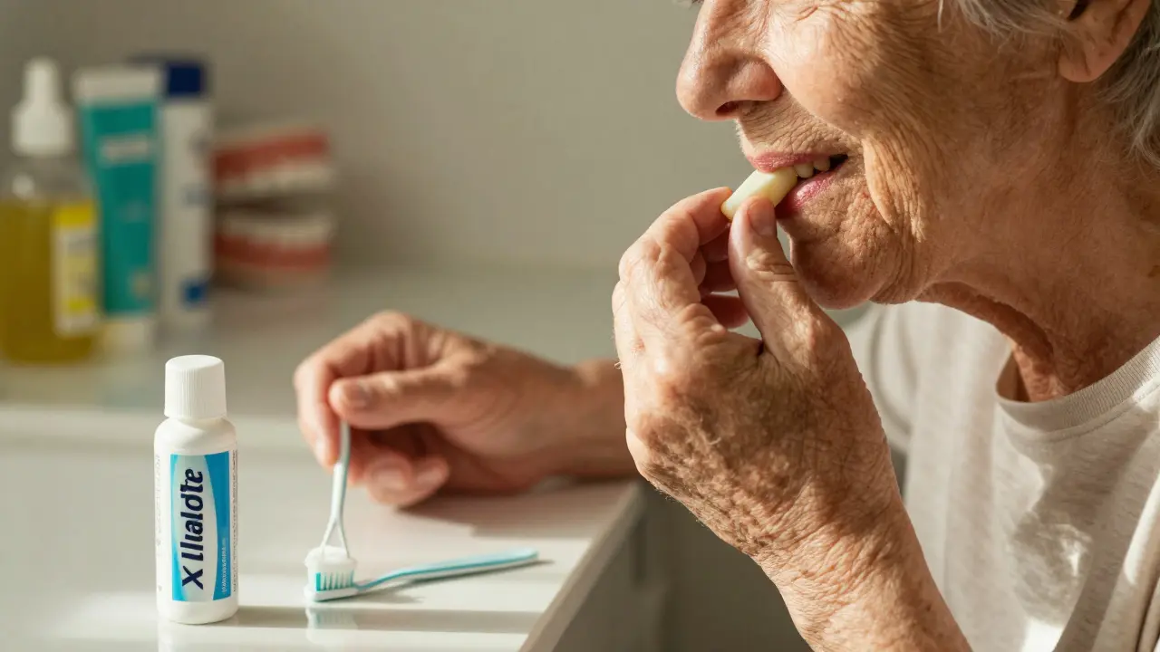 Starší osoba žvýká xylitolovou žvýkačku po jídle s fluoridovou pastou na pozadí.