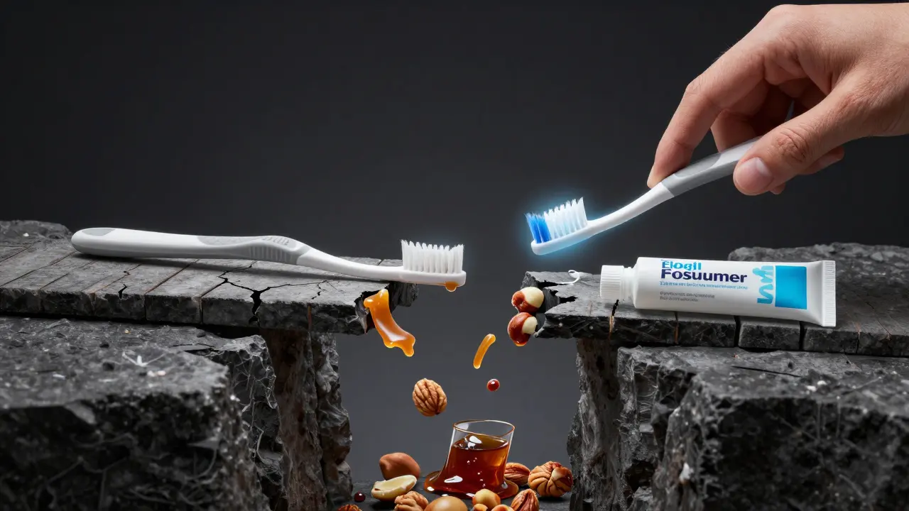 Symbolická scéna s rovnátky jako mostem, který je chráněn pomocí zubních nástrojů.