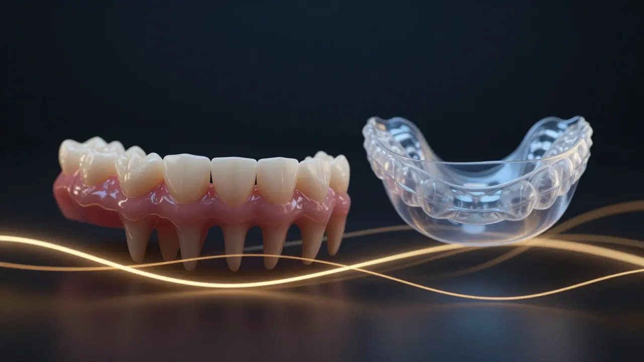 Teeth slowly shifting back without a retainer, protected by a fading shield.