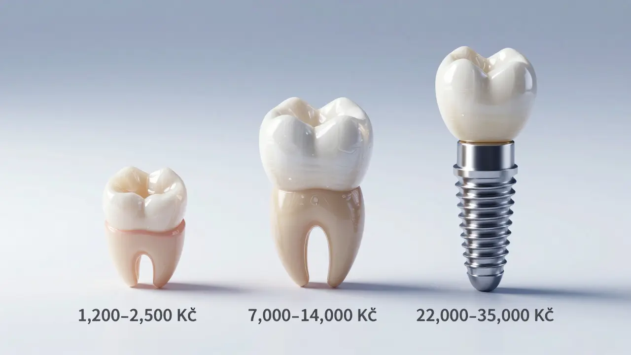 Tři zubní náhrady – výplň, korunka a implantát – uspořádané podle ceny.