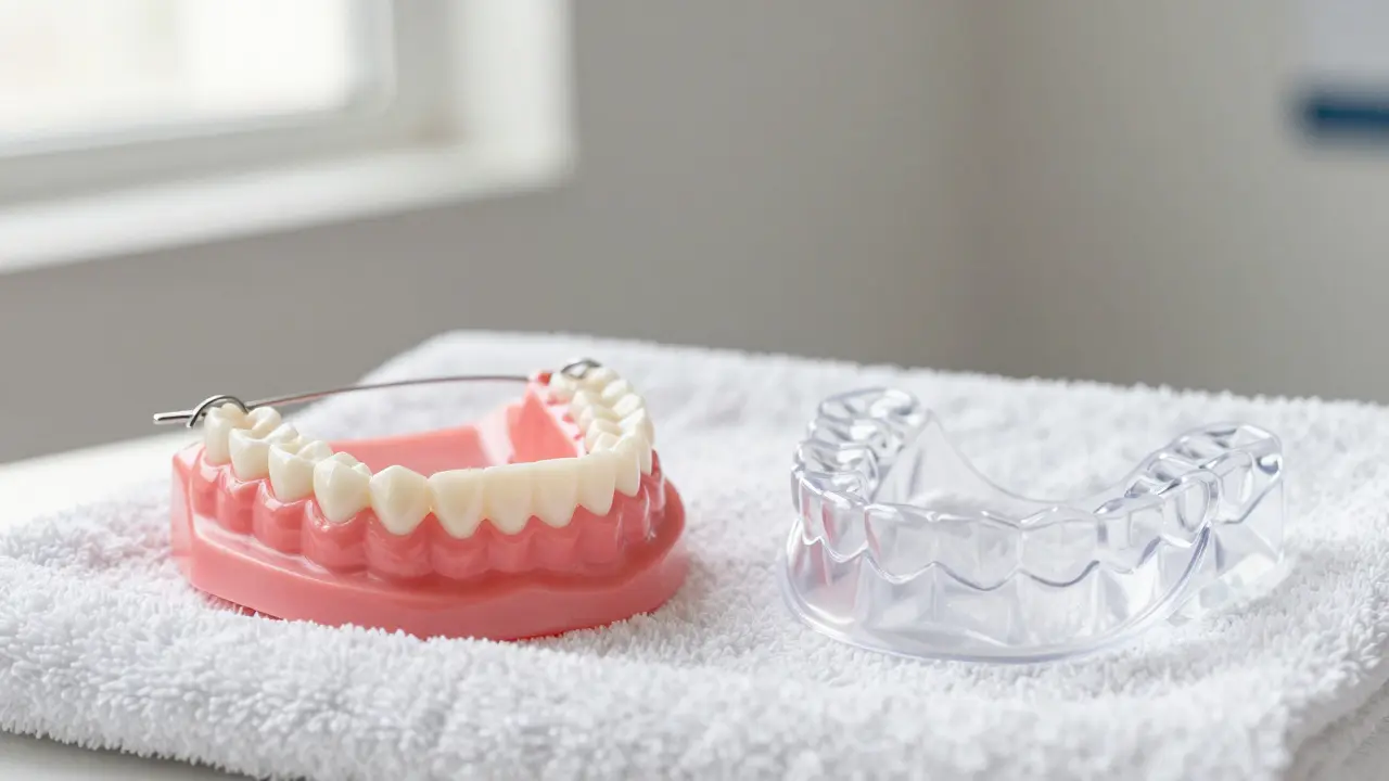 Two types of retainers: fixed wire and removable plastic tray side by side.