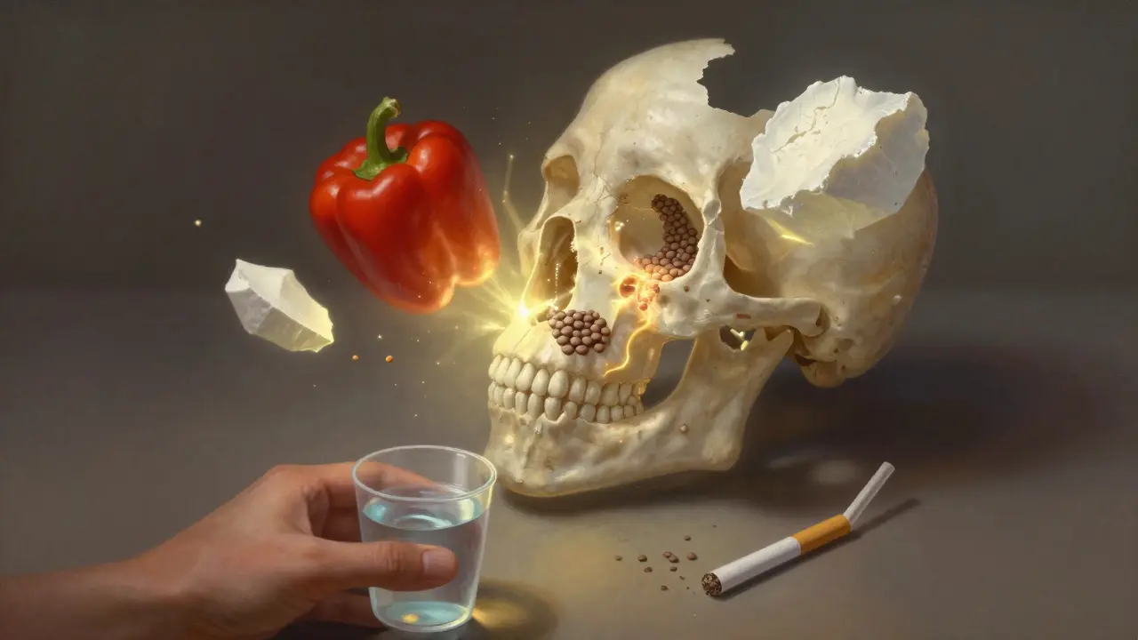 Vizualizace hojící se dásně s výživovými látkami a symboly obnovy, bez textu nebo nápisů.