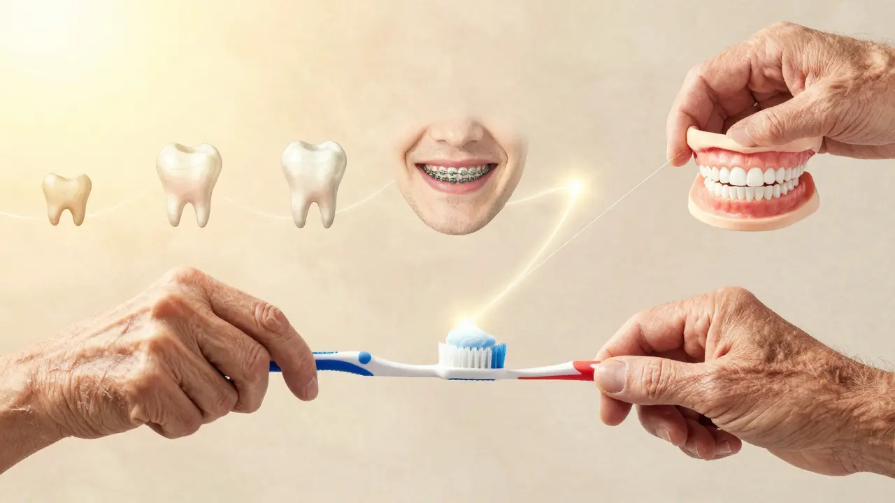 Vývoj péče o zuby od dětství po starobu, spojený zářivým vláknem hygieny.