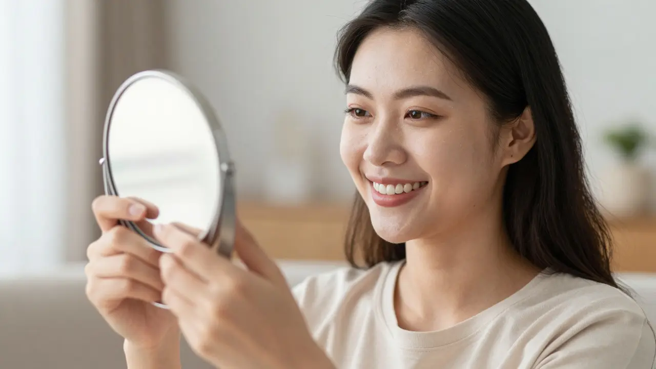 Woman smiling proudly at her new ceramic veneers in a mirror, before-and-after effect visible.