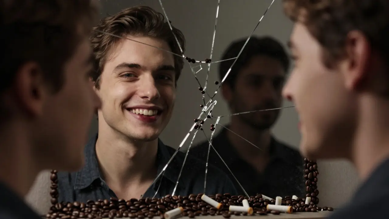 Zrcadlo odrazující dvě verze člověka – jedna čistá, druhá s černými skvrnami a odvráceným partnerem.