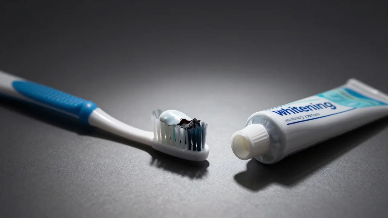 Zub s černou dutinou a nevhodně používaná bělící pasta.