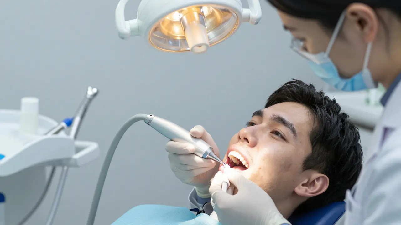 Zubní lékař odstraňuje černý kámen pomocí Air Flow zařízení